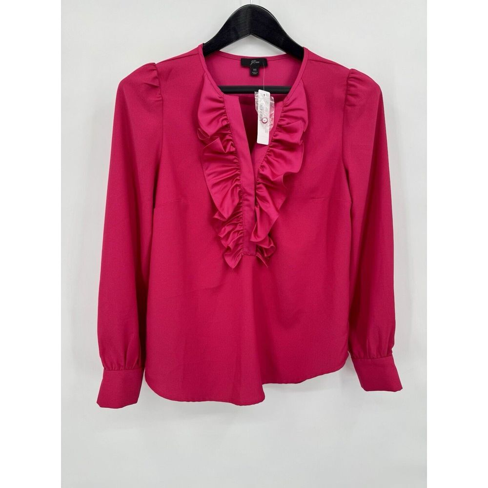 J. Crew Ruffle Front Long Sleeve Satin Crepe Top Blouse sz XS Hot Pink NWT